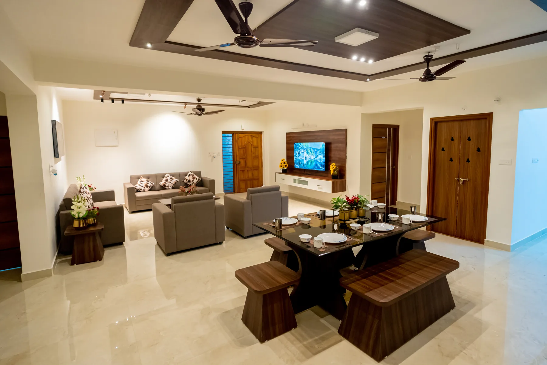 Open dining and living space at Mahas Vrindavan