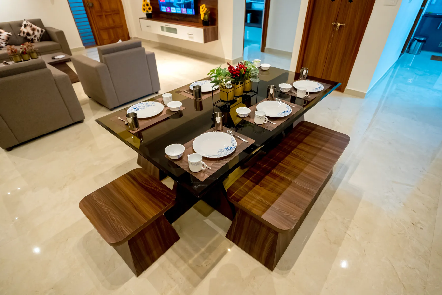 Dining area beside the family living room at Mahas Vrindavan