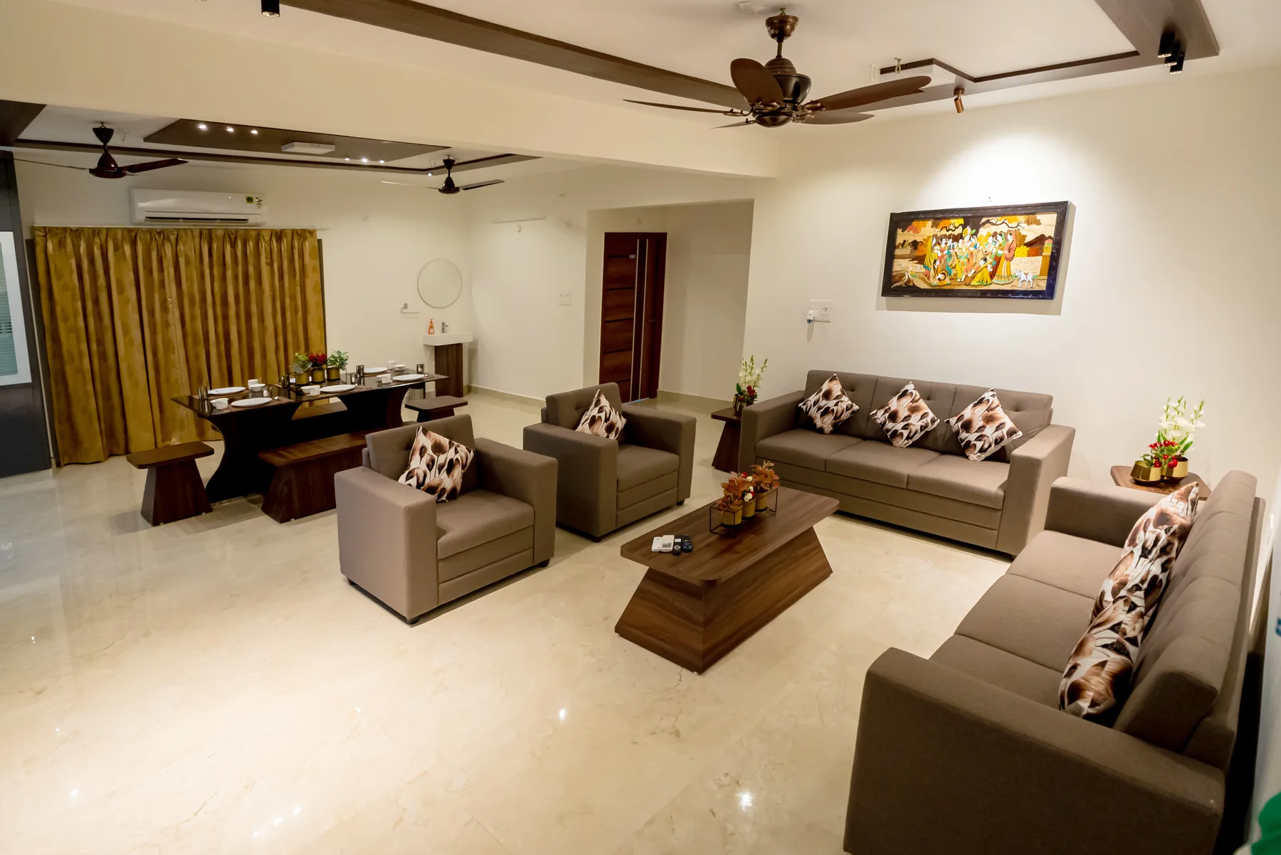 Wide view of the air-conditioned family living room at Mahas Vrindavan